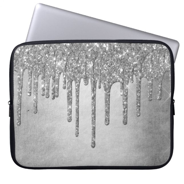Dripping Silvery Glitter | Platinum Faux Metallic Laptop Sleeve (Front)