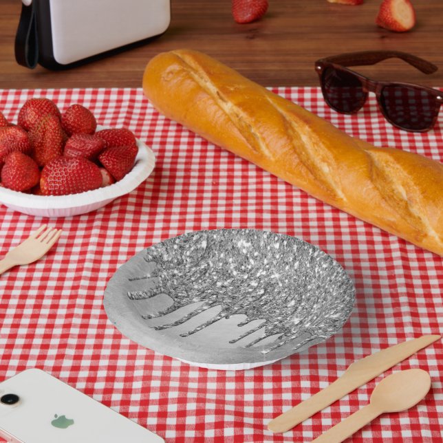 Dripping Silvery Glitter | Platinum Faux Metallic Paper Plate (Picnic)