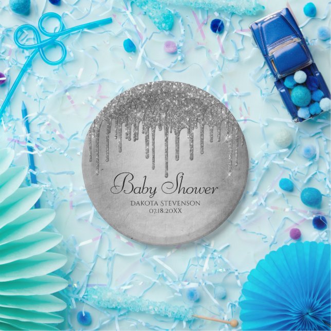 Dripping Silvery Glitter | Platinum Sparkle Shower Paper Plate (Party)