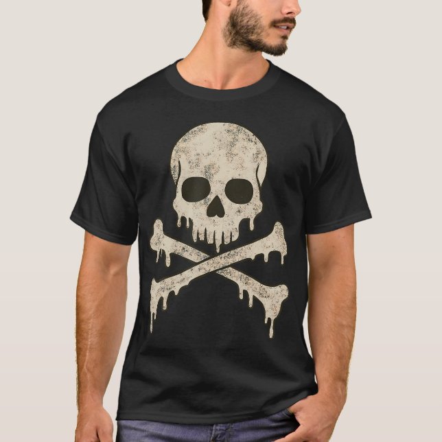 Dripping Skull Crossbones Skeleton Jolly Roger Fla T-Shirt (Front)