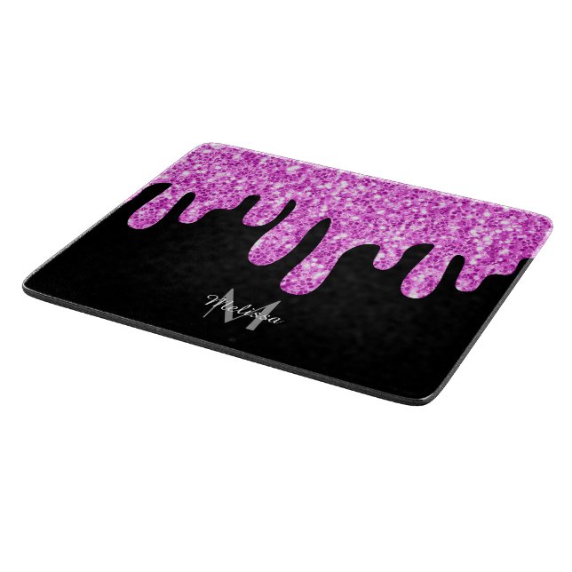 Dripping Sparkles Glitter Pink Black Monogram Cutting Board (Corner)