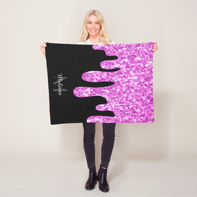 Dripping Sparkles Glitter Pink Black Monogram Fleece Blanket (In Situ)