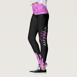 Dripping Sparkles Glitter Pink Black Monogram Leggings