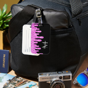 Dripping Sparkles Glitter Pink Black Monogram Luggage Tag