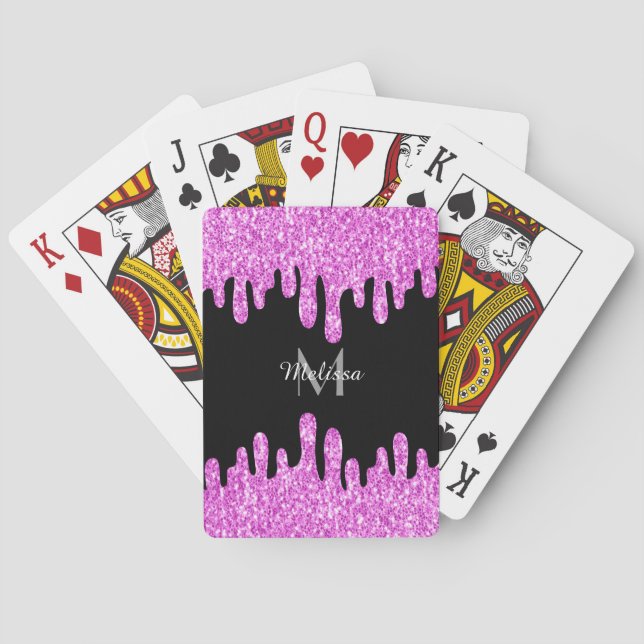 Dripping Sparkles Glitter Pink Black Monogram Playing Cards (Back)