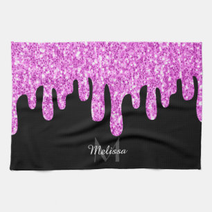 Dripping Sparkles Glitter Pink Black Monogram Tea Towel