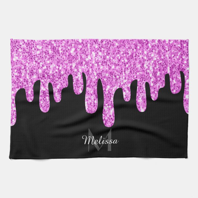 Dripping Sparkles Glitter Pink Black Monogram Tea Towel (Horizontal)