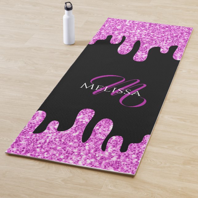 Dripping Sparkles Glitter Pink Black Monogram Yoga Mat (In Situ)