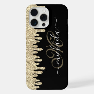 Dripping sparkles gold and black elegant Monogram iPhone 15 Pro Max Case
