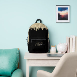 Dripping sparkles gold and black elegant Monogram Printed Backpack