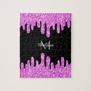Dripping Sparkles Orchid Pink Purple Monogram Jigsaw Puzzle