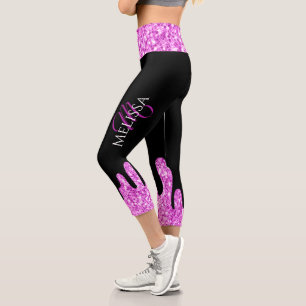 Dripping Sparkles Pink black Monogram Capri Leggings