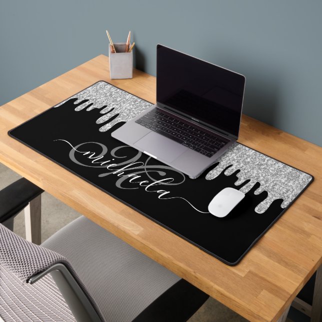 Dripping sparkles silver grey and black Monogram Desk Mat (Office 2)