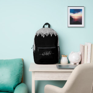 Dripping sparkles silver grey and black Monogram Printed Backpack
