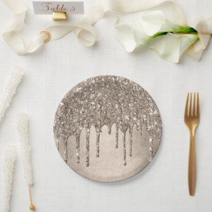 Dripping Taupe Glitter Champagne Gold Drizzle Paper Plate