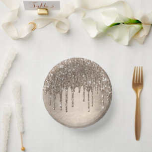 Dripping Taupe Glitter Champagne Gold Drizzle Paper Plate