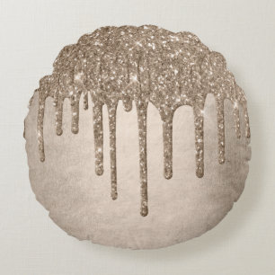 Dripping Taupe Glitter Champagne Gold Drizzle Round Cushion