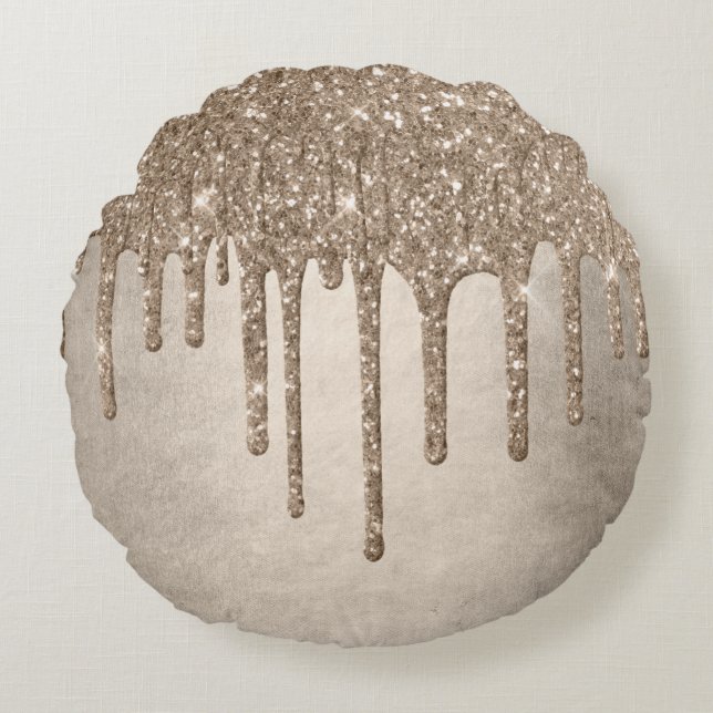 Dripping Taupe Glitter | Champagne Gold Drizzle Round Cushion (Front)