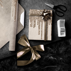 Dripping Taupe Glitter   Champagne Gold Drizzle Wrapping Paper
