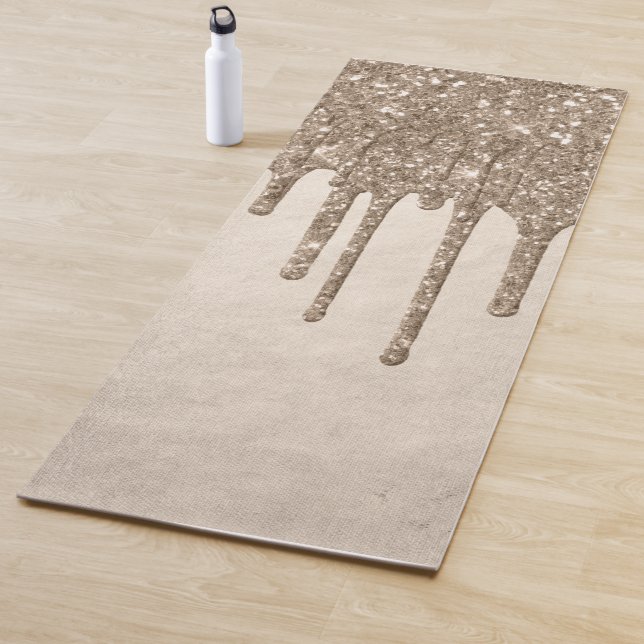 Dripping Taupe Glitter | Champagne Gold Drizzle Yoga Mat (In Situ)