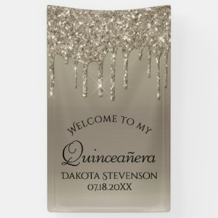 Dripping Taupe Glitter Champagne Quinceanera Banner