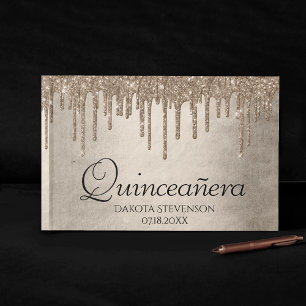 Dripping Taupe Glitter   Champagne Quinceanera Guest Book
