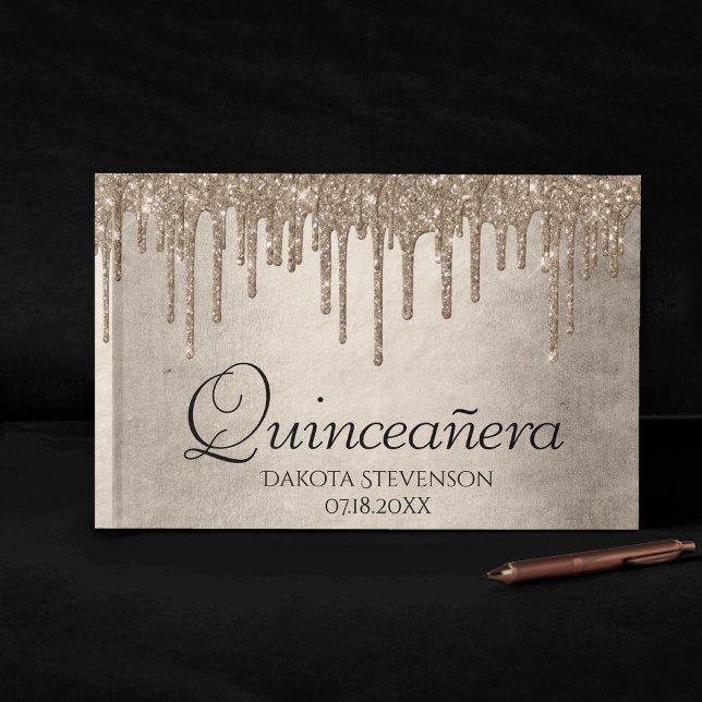 Dripping Taupe Glitter | Champagne Quinceanera Guest Book (Creator Uploaded)