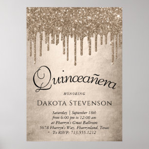 Dripping Taupe Glitter Champagne Quinceanera Poster