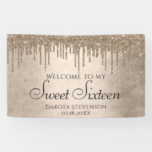 Dripping Taupe Glitter Champagne Sweet Sixteen Banner