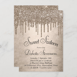 Dripping Taupe Glitter   Champagne Sweet Sixteen Invitation