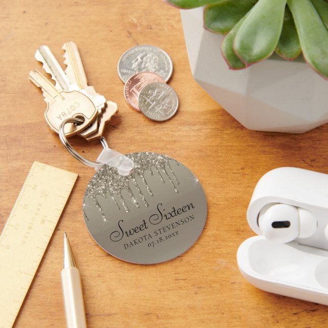 Dripping Taupe Glitter | Champagne Sweet Sixteen Key Ring (Desk)