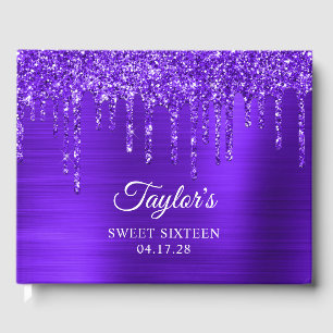 Dripping Violet Purple Glitter Glam Sweet 16 Guest Book