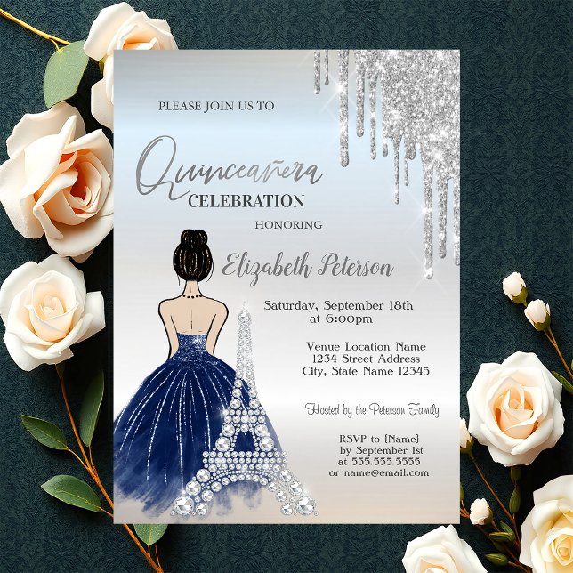 Drips,Blue Dress Girl Eiffel Tower Quinceañera Invitation (Creator Uploaded)