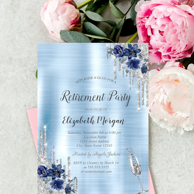 Drips,Blue Flowers Blue Metallic Retirement  Invitation (Creator Uploaded)