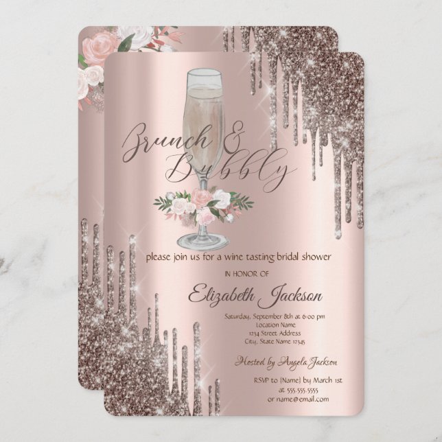  Drips,Glass,Roses Brunch & Bubbly Bridal Shower Invitation (Front/Back)
