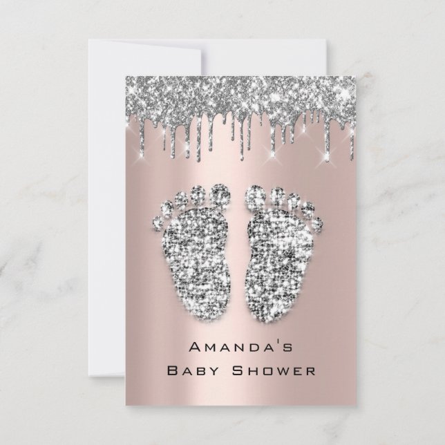 Drips Glitter Baby Shower Feet Rose Grey Girl Boy Invitation (Back)