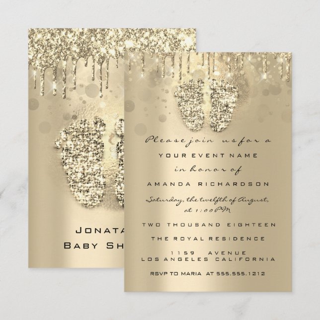 Drips Glitter Baby Shower Feet Sepia Dots Girl Boy Invitation (Front/Back)