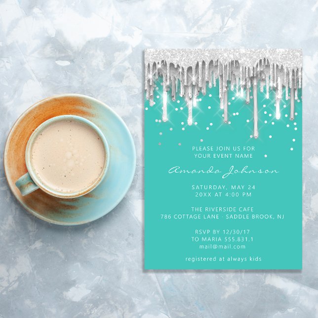 Drips Glitter Bridal Wedding Mint Silver Grey Invitation (Drips Glitter Bridal Wedding Mint Silver Gray Invitation)