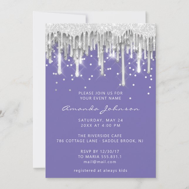 Drips Glitter Bridal Wedding Purple Silver Grey Invitation (Front)