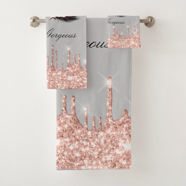 Drips Glitter Effect Lash Hello Beauty Rose Grey  Bath Towel Set (Insitu)