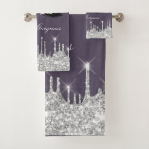 Drips Glitter Silver Smoky Purple Lash Hello Bath Towel Set