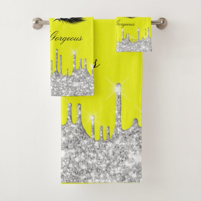 Drips Glitter Silver Yellow Lash Hello  Bath Ba Bath Towel Set (Insitu)