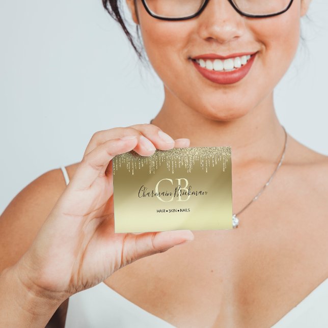 Drips Glitters Gold Monogram   Business Card (Creator Uploaded)