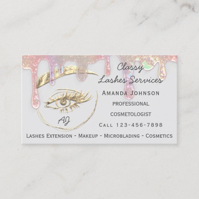 Drips Lashes Makeup Nail Microblade Logo Qr Gold Business Card (Front)