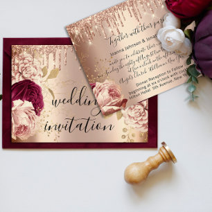 Drips Marsala Wedding Rose Gold Roses Invitation