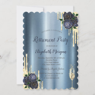 Drips,Navy Blue Roses Metallic Retirement   Invitation