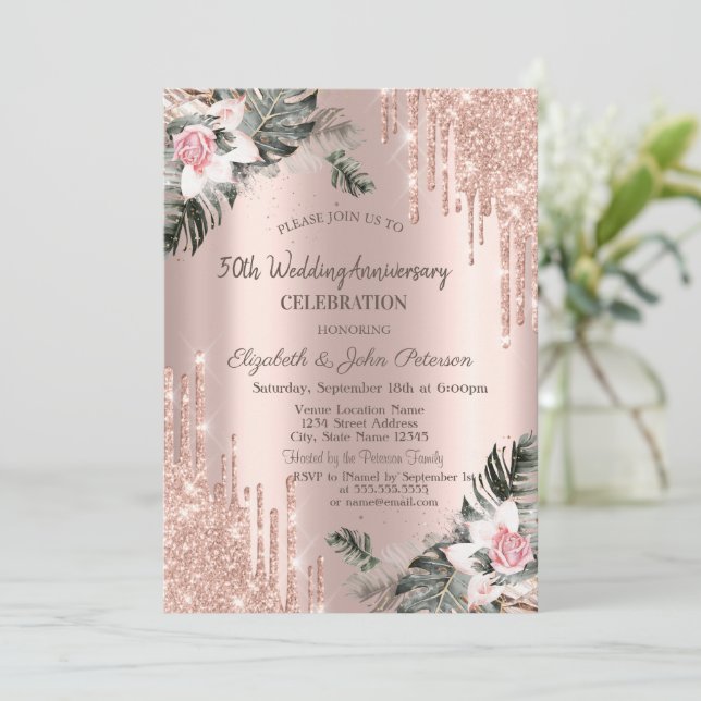 Drips,Palm Branches,Roses Wedding Anniversary Invitation (Standing Front)