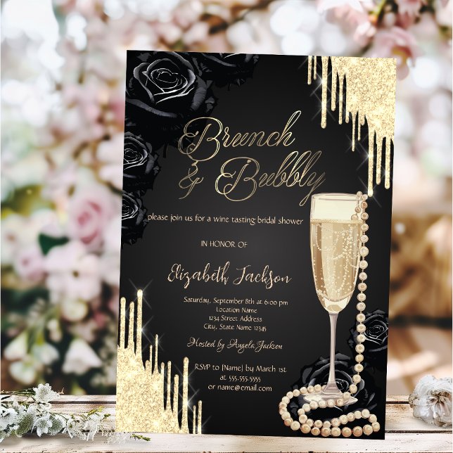  Drips Pearls Prosecco Black Roses Bridal Shower Invitation (Creator Uploaded)