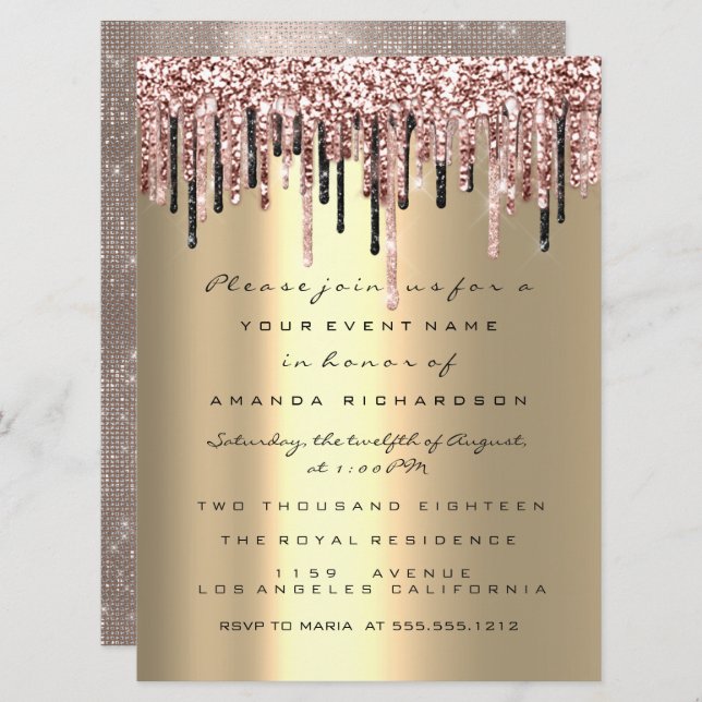 Drips Rose Birthday Bridal Wedding Elegant Gold Invitation (Front/Back)