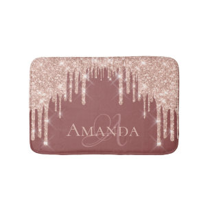Drips Rose Blush Glitter Name Monogram Bridal Glam Bath Mat